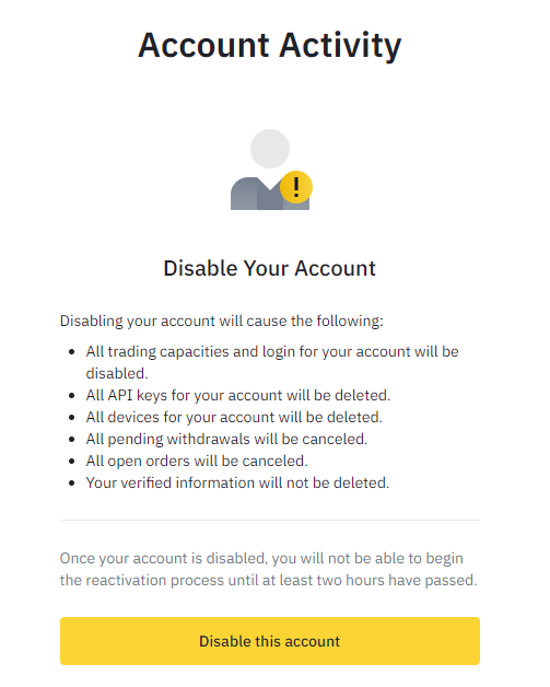 disable binance account