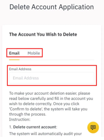 delete binance account application