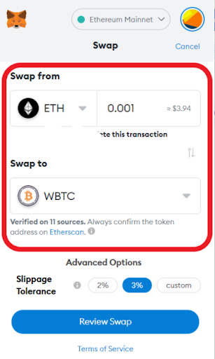 select token for swap