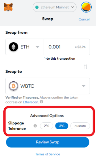 configure advanced options and slippage on metamask