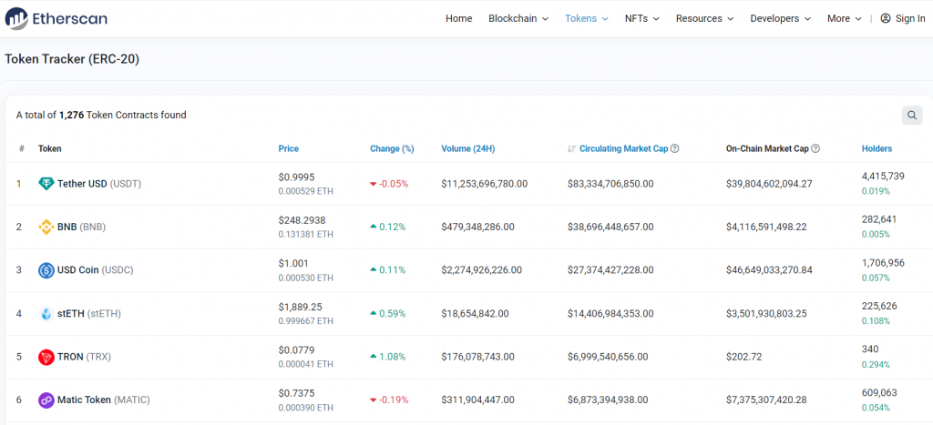 Etherscan website tokens page interface