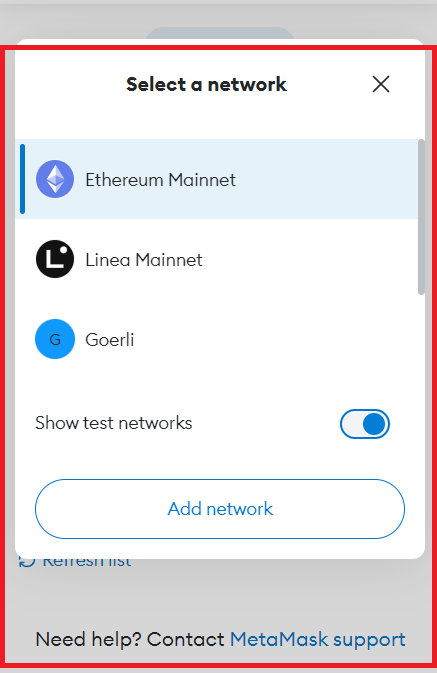 metamask change network on application