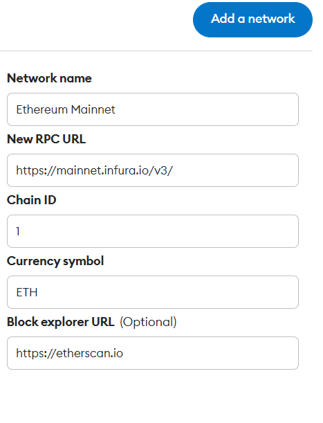 metamask network add on application