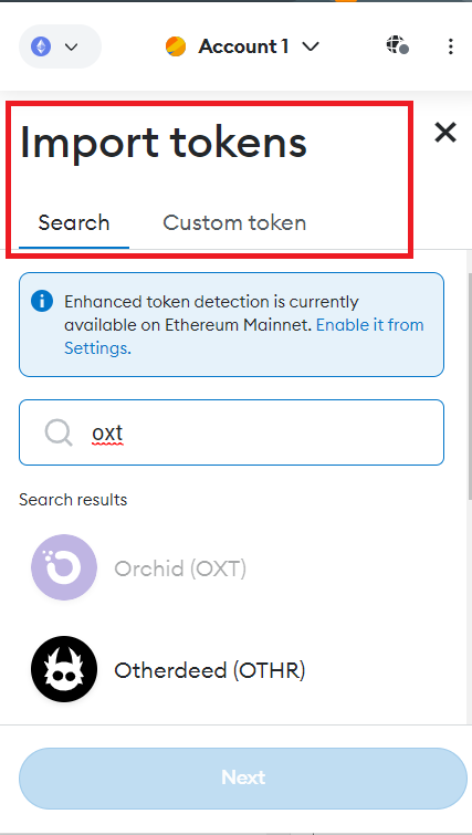 search for token on metamask