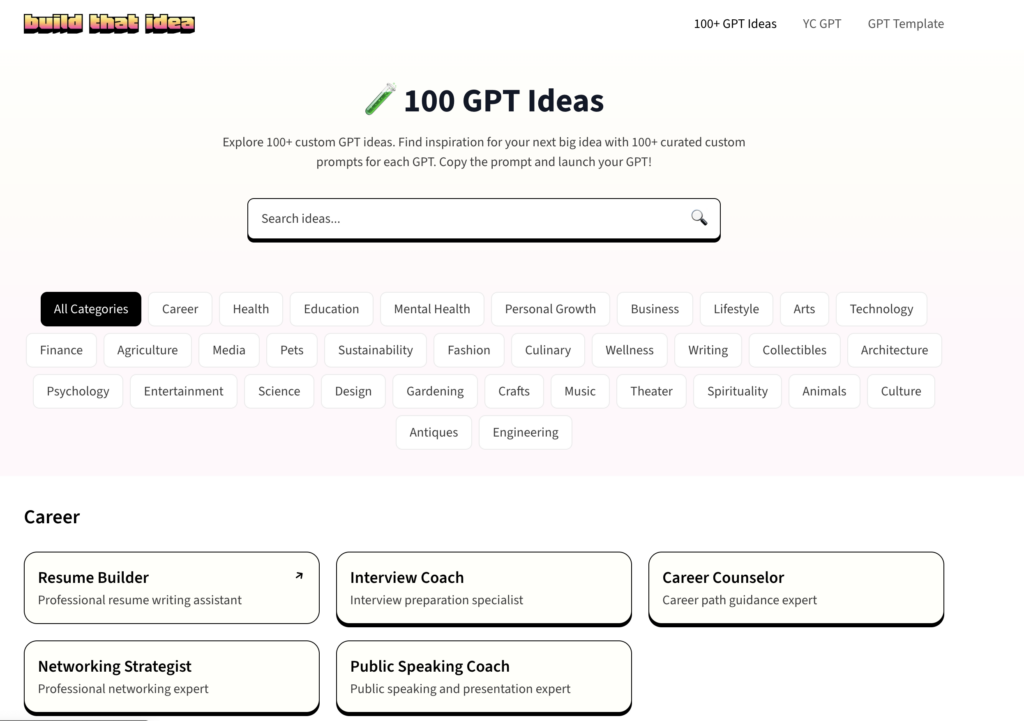 100 GPT Ideas -- AI Apps Ideas Directory