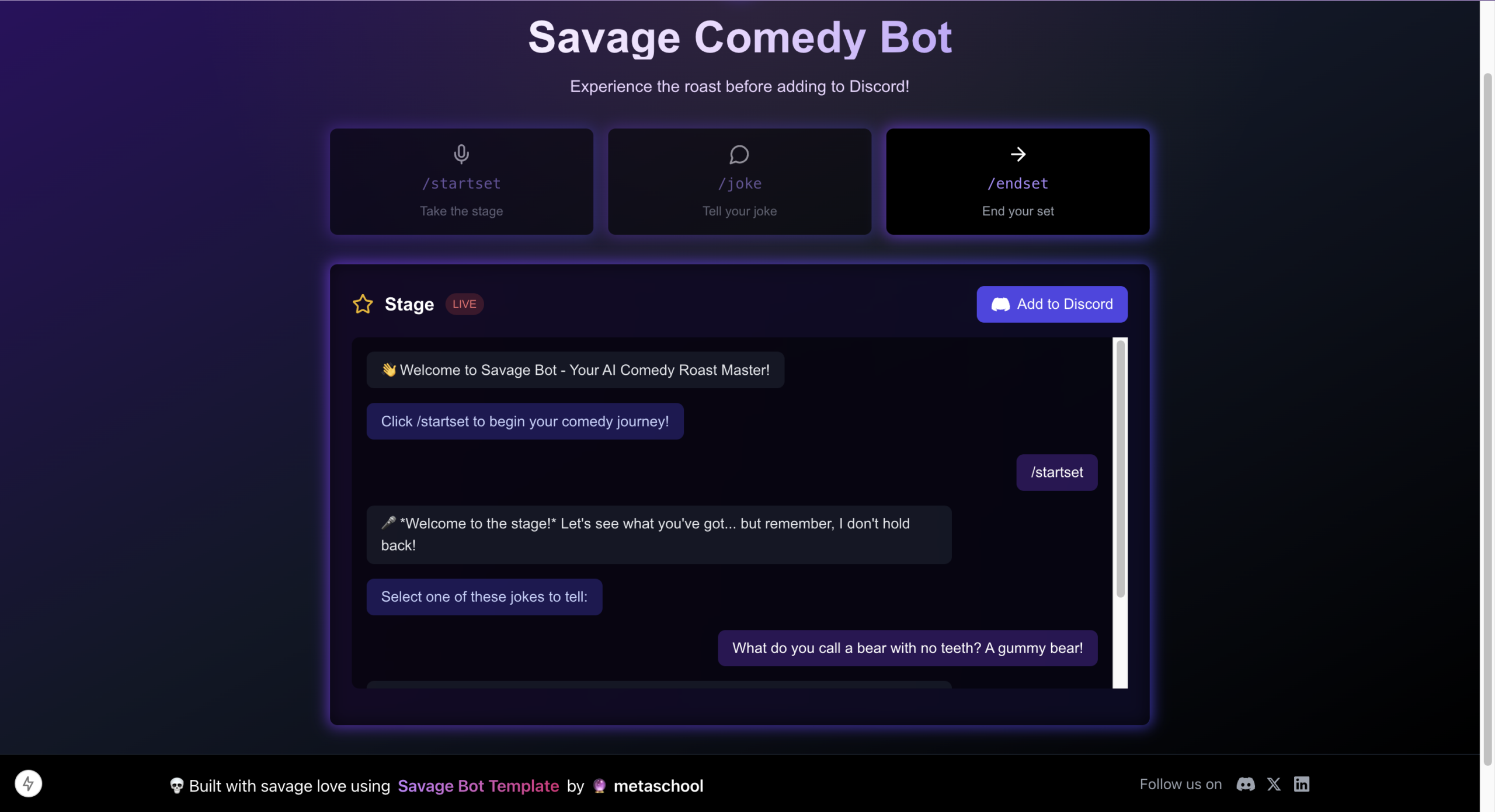 Comedy Bot - built with Savage Bot AI Template by Metaschool